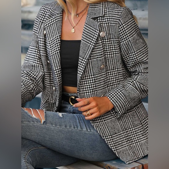 Houndstooth Lapel Collar Long Sleeve Blazer